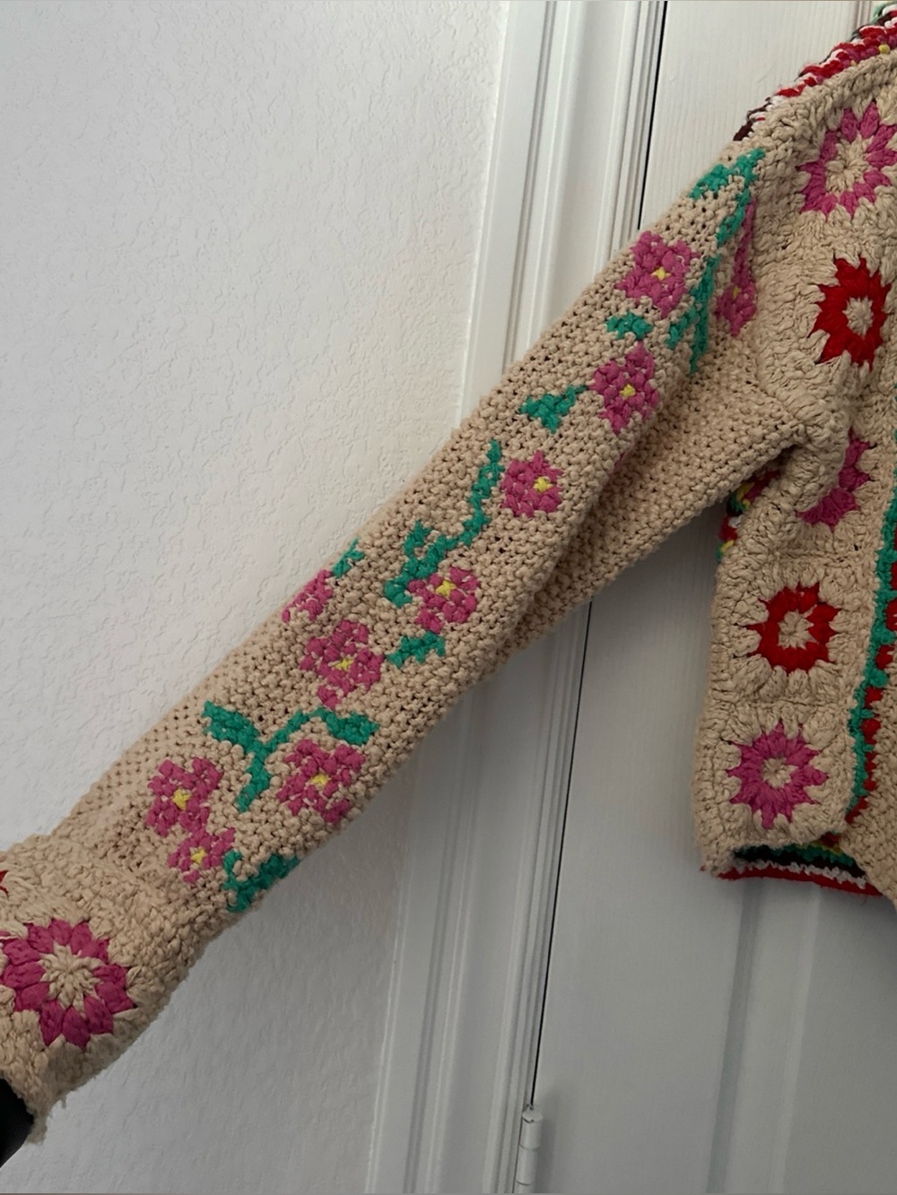 Free People Cream Crochet Floral Cardigan with Red, Pink & Teal Accents - Picture 5 of 11